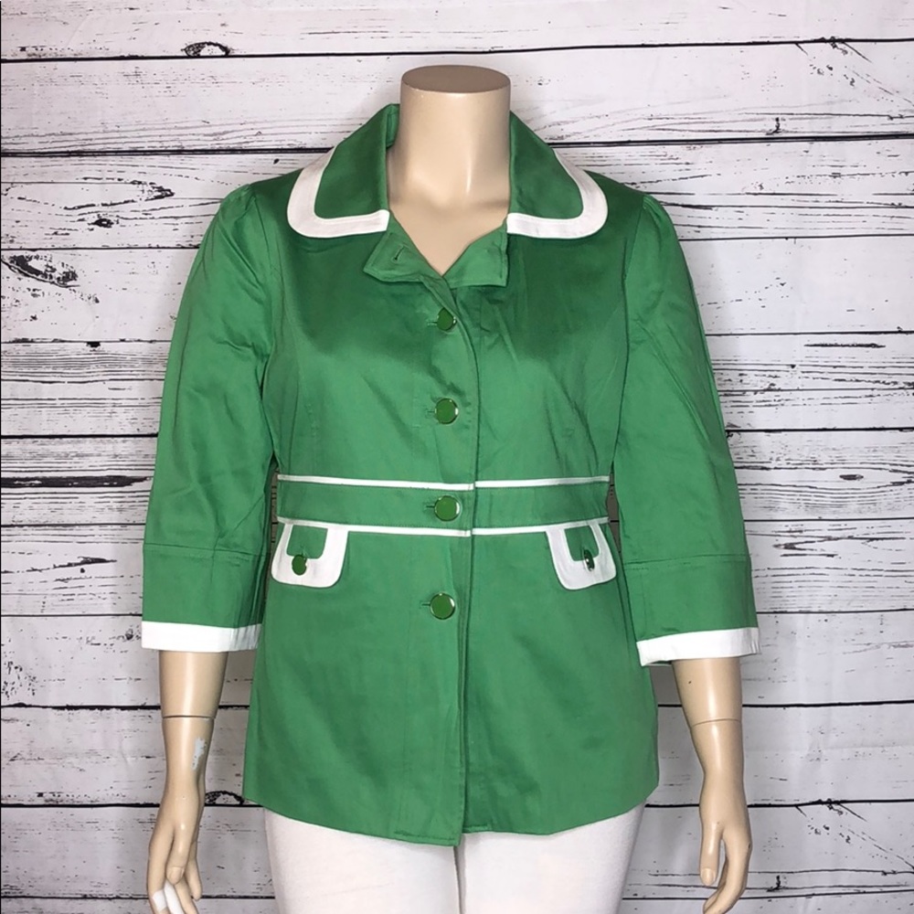 Dialogue Size XL Green w/ White Trim Collar 3/4 Sleeve Button Front Jacket